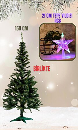 Tepe Yıldızlı 150 cm Yılbaşı Çam Ağacı ve 21cm Tepe Yıldızı RGB, Plastik Ayaklı Noel Ağacı Dekoratif