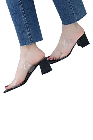 Şeffaf Bantlı Topuklu Sandalet Terlik Siyah