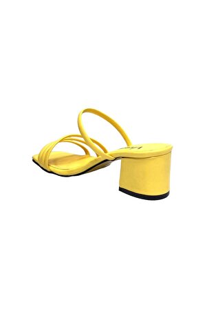 Üç Bantlı Topuklu Sandalet Terlik Sarı