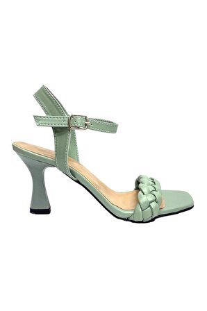Örgülü Klasik Topuklu Ayakkabı Sandalet Mint Yeşili