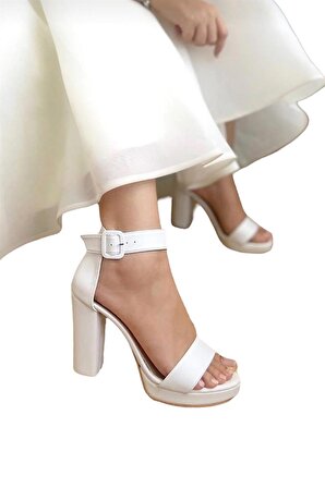 Gelin Ayakkabısı Platform Tek Bant Sandalet Beyaz 11 Cm