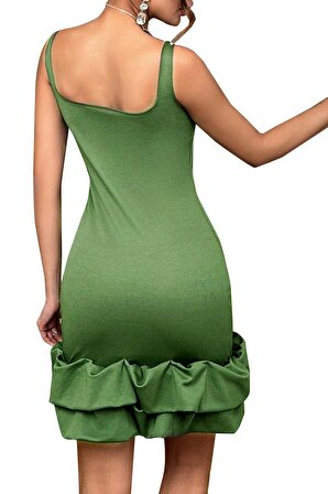  Yeşil Etek Ucu Fırfırlı Askılı Elbise