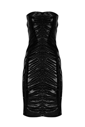 Siyah Drape Detaylı Straplez Kadın Mini Elbise