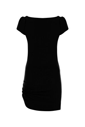 Siyah Kayık Yaka Drapeli Kısa Kol Kadın Mini Elbise