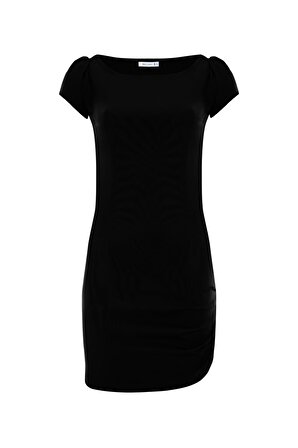 Siyah Kayık Yaka Drapeli Kısa Kol Kadın Mini Elbise