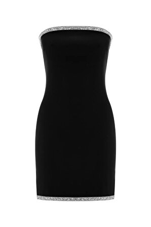 Siyah Taş Detaylı Straplez Kadın Mini Elbise