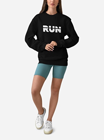 PROSPETTIVA KADIN SİYAH OVERSIZE KALIN İÇİ POLARLI KOŞ / RUN YAZILI SWEATSHIRT