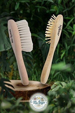 Kişiye - İsme Özel %100 Doğal Keçi Kılı Bebek Saç Fırçası ve Bambu Dişli Saç Fırçası-Tarağı 2'li Set