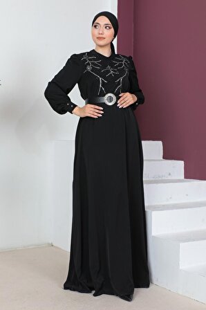 Taş Detaylı Kemerli Rahat Form Tesettür Elbise 755-Siyah