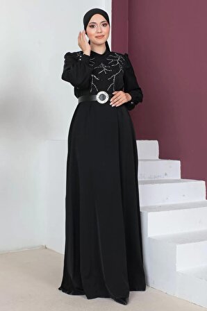 Taş Detaylı Kemerli Rahat Form Tesettür Elbise 755-Siyah