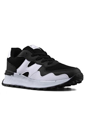 Mega Rahat İç Taban Siyah Beyaz Renk Fileli Dış Yüzey Bağcıklı Günlük Ayakkabı Sneakers