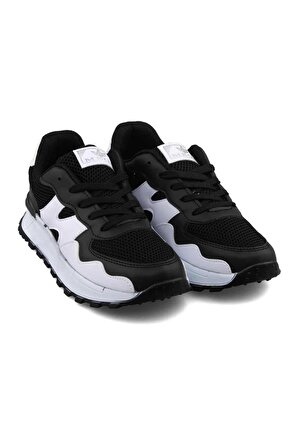 Mega Rahat İç Taban Siyah Beyaz Renk Fileli Dış Yüzey Bağcıklı Günlük Ayakkabı Sneakers