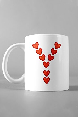 Sevgililer Gününe Özel Sevgiliye Hediye Kalpli Y Harfi Baskılı Kupa Bardak, Çay-Kahve-Çorba Kupası