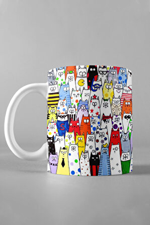 Çoklu Rengarenk Kediler Tüm Yüzey Baskılı Beyaz Kupa Bardak, Çay-Kahve-Çorba Kupası