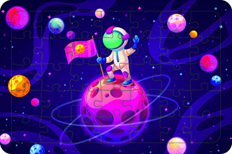 Astronot Satürnde 35 Parça Ahşap Çocuk Puzzle Yapboz