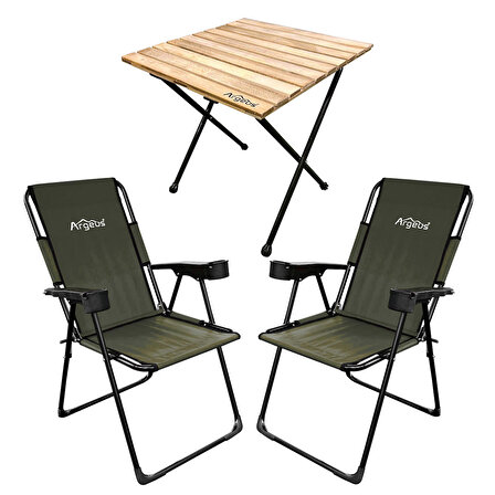 Argeus Rest 2'li Bardaklı Katlanabilir Sandalye ve Masa Seti - Haki