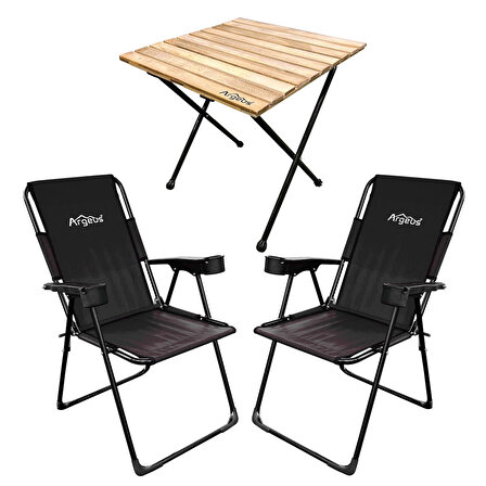 Argeus Rest 2'li Bardaklı Katlanabilir Sandalye ve Masa Seti - Siyah
