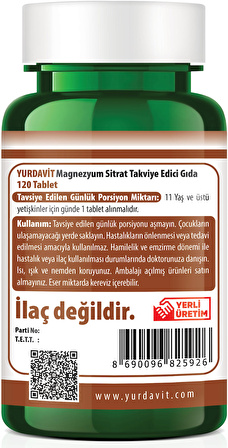 Yurdavit Magnezyum Sitrat 500 Mg Magnesium Citrate 120 Tablet 