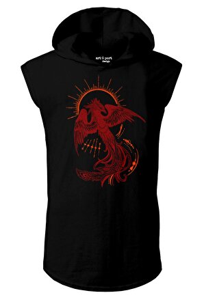 Unisex Anka Kuşu Tasarım Siyah  Kapşonlu Kolsuz T-shirt