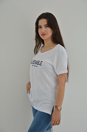 Zidan Zdn14 V Yaka kadın Yırtmaçlı Baskılı Tişört