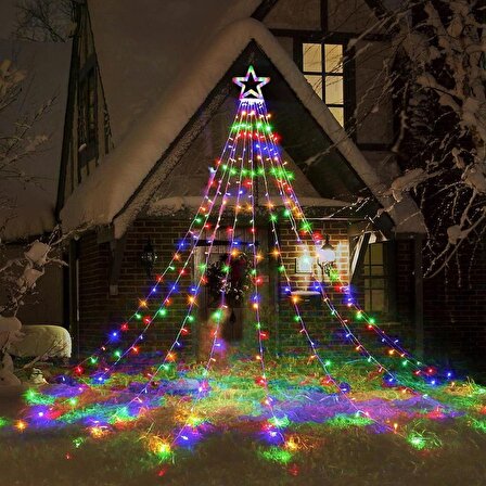 RGB Tepe Yıldızlı Güneş Enerjili Yılbaşı LED Işığı, Kumanda ve Animasyonlu Noel  Ağaç Duvar Işığı 