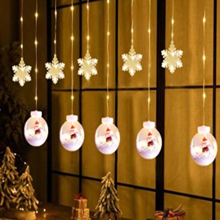 Ampul Noel Baba ve Yıldız Figür Animasyonlu Sarkıt Perde LED Yılbaşı Parti Süs Işıkları Günışığı