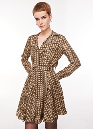 Brooks Brothers V Yaka Desenli Kahve - Bej Standart Kadın Elbise BBFW23FDR015
