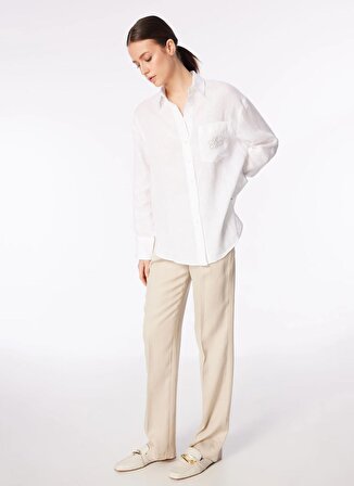 Brooks Brothers Beyaz Kadın Regular Fit Keten Gömlek Logo Nakışlı Klasik Yaka Keten Göml