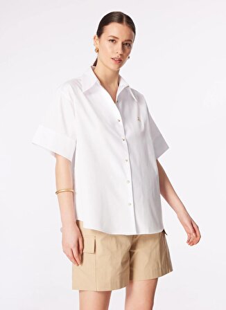 Brooks Brothers Oversize Gömlek Yaka Beyaz Kadın Gömlek Logo Nakışlı Kısa Kol Oversize Göml