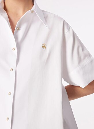 Brooks Brothers Oversize Gömlek Yaka Beyaz Kadın Gömlek Logo Nakışlı Kısa Kol Oversize Göml
