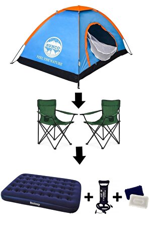 Walke Yeşil Lüks Kamp Seti 4 Kişilik Çadır + Çift Kişilik Yatak + 2 Sandalye + Pompa + Yastık