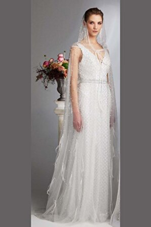 Tiara Kadın İnci İşlemeli Askılı Uzun Abiye Elbise 5946079 Beyaz