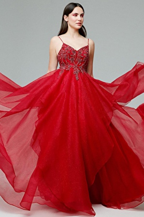 Tiara Kadın İnce Askılı İşlemeli Abiye Elbise 59460154 Kırmızı