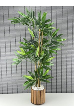 Yapay Yoğun Yapraklı Dekoratif Bambu Ağacı Ahşap Saksılı 3 Gövde 80cm