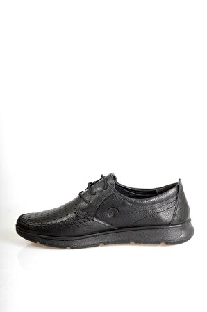 Siyah Hakiki Deri Lazer Baskılı  Bağcıklı Erkek Klasik Ayakkabı