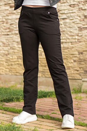Siyah Ön Arka Cep Gizli İpli Lastikli Rahat Kadın Pantolon Eşofman Altı 21KESAPANT