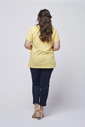 21305 Kısa Kollu Büyük Beden Lakost Kumaş T-Shirt Sarı