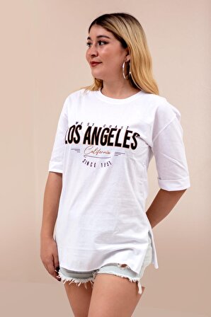 Beyaz Los Angeles Baskılı Yırtmaçlı Duble Kol Kadın Tişört 22KTSHLOSE