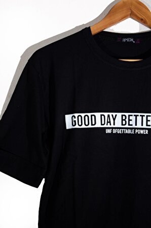 Siyah Good Day Better Night Yazılı Yırtmaçlı Doble Kol Tişört 22KTSHGOOD