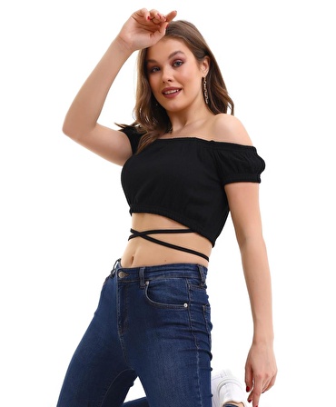 Siyah Bürümcük Kumaş Madonna Yaka Bel Bağlamalı Model Crop Kadın Bluz 23KBLZ0017