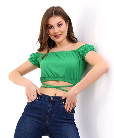 Yeşil Bürümcük Kumaş Madonna Yaka Bel Bağlamalı Model Crop Kadın Bluz 23KBLZ0017