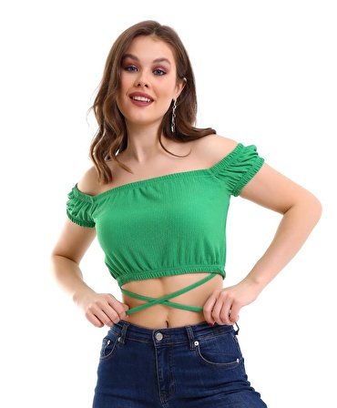 Yeşil Bürümcük Kumaş Madonna Yaka Bel Bağlamalı Model Crop Kadın Bluz 23KBLZ0017