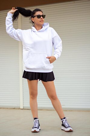 Beyaz Basic 3 Üç İplik Ekstra Kalın Kapüşonlu Kanguru Cep Uzun Kollu Kadın Sweatshirt 23KSWTUCPL
