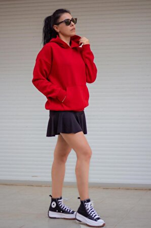 Kırmızı Basic 3 Üç İplik Ekstra Kalın Kapüşonlu Kanguru Cep Uzun Kollu Kadın Sweatshirt 23KSWTUCPL