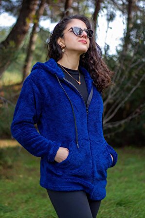 Kadın Saks Koyu Mavi Peluş Kalın Fermuarlı Kapüşonlu Cepli Ceket 23KCKTMY50