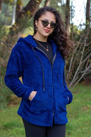 Kadın Saks Koyu Mavi Peluş Kalın Fermuarlı Kapüşonlu Cepli Ceket 23KCKTMY50