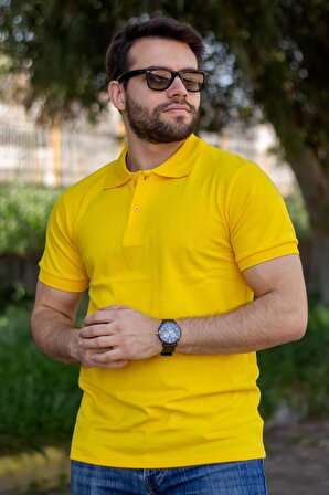 Erkek Sarı Rahat %100 Pamuk Ribana Kol Polo Yaka T-Shirt 24EPLYPOPE