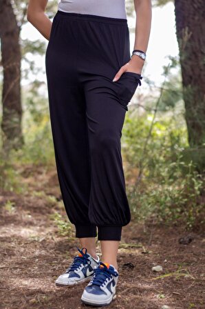 Kadın Siyah Belden Lastikli Ayrobin Bilek Lastikli Şalvar Pantolon 24KSLVMUSA