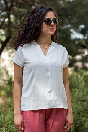 Kadın Beyaz Aerobin Kumaş Kısa Duble Kol Gömlek Yaka Bluz 24KBLZK800