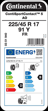 Continental 225/45 R17 91Y MO FR ContiSportContact 5 Oto Yaz Lastiği Üretim 2021
